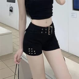 Black Sexy Hot Girl Low-Waisted Jean Shorts Woman American Retro Elastic Slim Ultrashort Jeans Gothic Y2K Rivet Denim Shorts