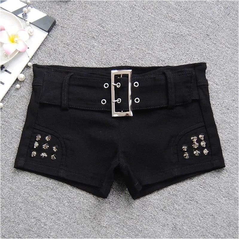 Black Sexy Hot Girl Low-Waisted Jean Shorts Woman American Retro Elastic Slim Ultrashort Jeans Gothic Y2K Rivet Denim Shorts
