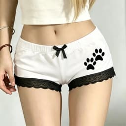 Women cat paw print lace trimmed short perfect summer hi hop punk style sexy and slim fit Harajuku Emo girl versatile street Y2K
