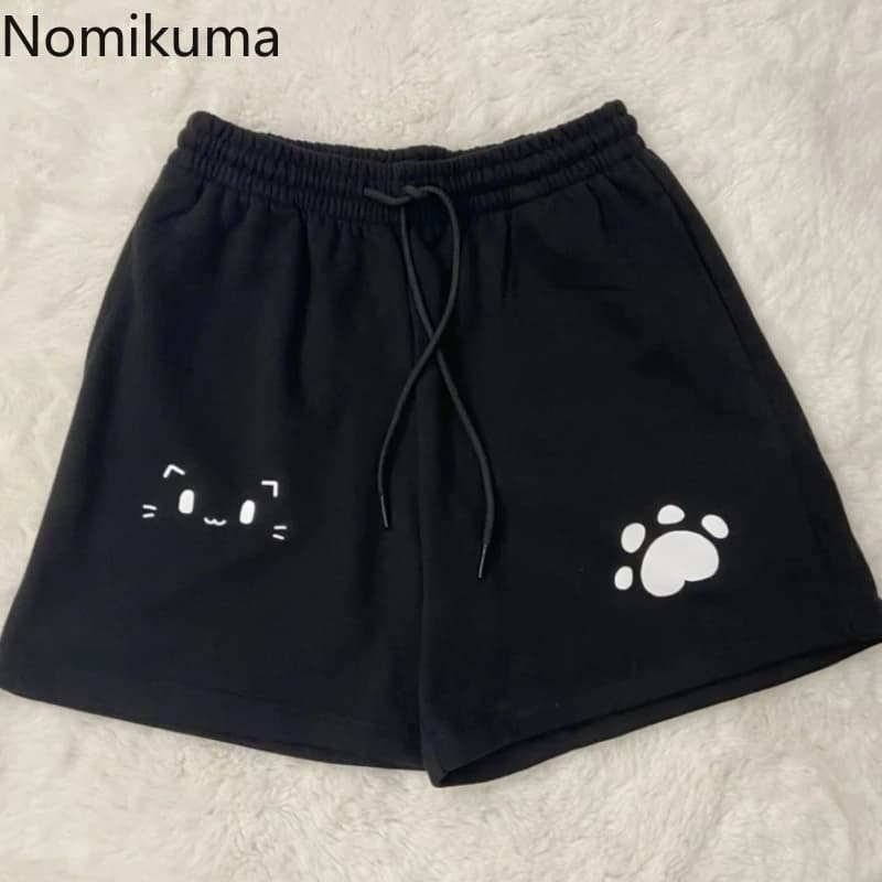 Women Summer Casual Shorts High Waist Black Y2k Kawaii Sweet Cat Print Wide Leg Pants Chic Japanese Pantalones Cortos De Mujer