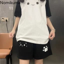Women Summer Casual Shorts High Waist Black Y2k Kawaii Sweet Cat Print Wide Leg Pants Chic Japanese Pantalones Cortos De Mujer