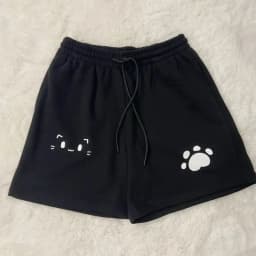 Women Summer Casual Shorts High Waist Black Y2k Kawaii Sweet Cat Print Wide Leg Pants Chic Japanese Pantalones Cortos De Mujer