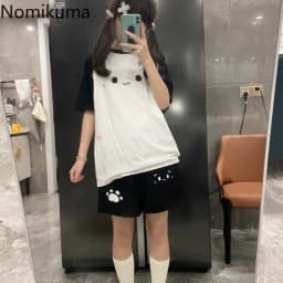 Women Summer Casual Shorts High Waist Black Y2k Kawaii Sweet Cat Print Wide Leg Pants Chic Japanese Pantalones Cortos De Mujer