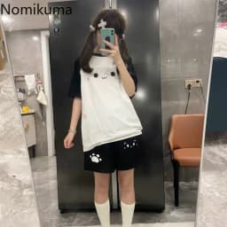 Women Summer Casual Shorts High Waist Black Y2k Kawaii Sweet Cat Print Wide Leg Pants Chic Japanese Pantalones Cortos De Mujer