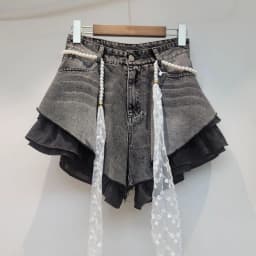 Aoaiiys Blue Jean Shorts Women Denim Shorts Patchwork Ruffle Y2k with Belt Jeans Korean Girl Hot Shorts Summer Streetwear 2026