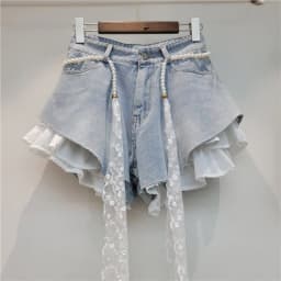Aoaiiys Blue Jean Shorts Women Denim Shorts Patchwork Ruffle Y2k with Belt Jeans Korean Girl Hot Shorts Summer Streetwear 2026