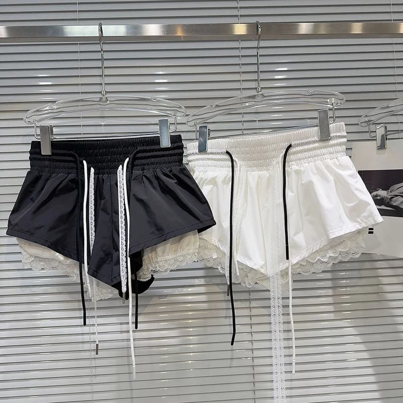 New Bottoms Korean Shorts Women High Waist Casual Patchwork Lace Wide Leg Shorts Bandage Chic Summer Pantalones Cortos De Mujer