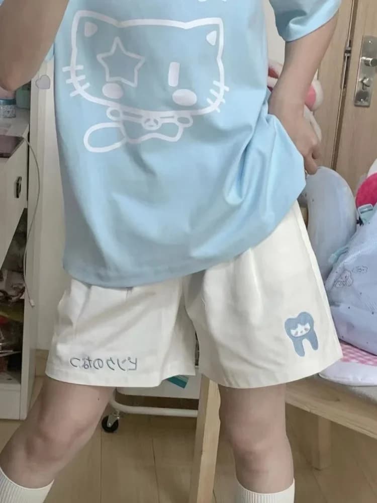 HOUZHOU Kawaii Japanese Style Beige Shorts Sweet Cute Cartoon Embroidery Wide Leg Pants Soft Girls Korean Style Oversize Sports