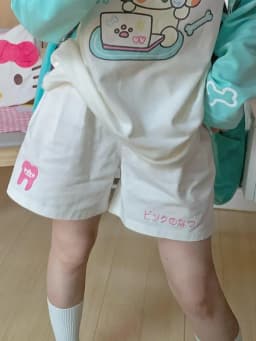 HOUZHOU Kawaii Japanese Style Beige Shorts Sweet Cute Cartoon Embroidery Wide Leg Pants Soft Girls Korean Style Oversize Sports