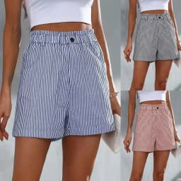 Women Striped Shorts Summer High Waist One Button Slim Pocket OL Half Pants MQQ-M23064