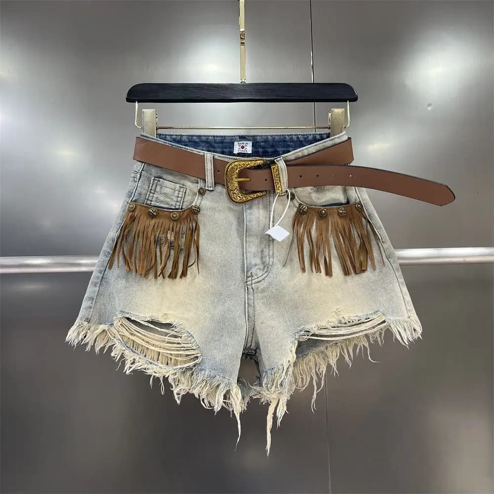 Short Jean Pants Woman Fringe Boxer Ripped Wide Denim Shorts for Women Y2k Vintage Outdoor Casual Streetwear Classic Trend 2025