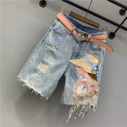 Denim Shorts Womens Heavy Industry Beauty Map Tassel Sequins Beads Broken Hole Five-point Denim Shorts Summer Y2K Straight Pants