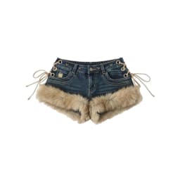 Women's Faux Fur Trim Low Rise Denim Shorts Grommet Lace-Up Sides, Retro Washed, Y2K Party & Clubwear Hot Pants
