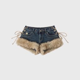 Women's Faux Fur Trim Low Rise Denim Shorts Grommet Lace-Up Sides, Retro Washed, Y2K Party & Clubwear Hot Pants