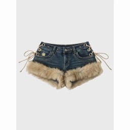 Women's Faux Fur Trim Low Rise Denim Shorts Grommet Lace-Up Sides, Retro Washed, Y2K Party & Clubwear Hot Pants