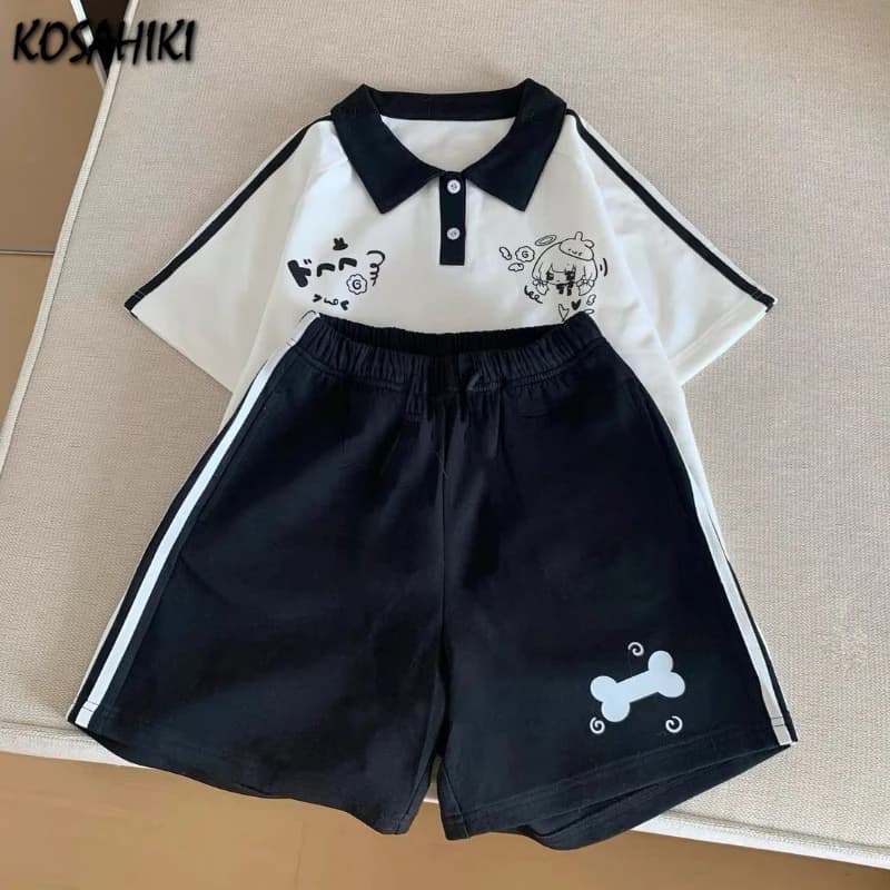 Japanese Bone Printing Casual Shorts for Women 2025 Patchwork High Waist Loose Wide Leg Pants Y2k Aesthetic Grunge Pantalones