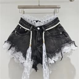 2026 Summer Denim Shorts New Splicing Hook Flower Lace Lace with Waist Rope Tassel Denim Shorts Women's Hot Pants Trend