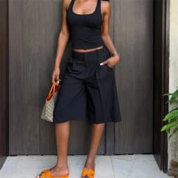 Solid Loose Fit Front Crease Knee Length Suit Culottes Office Casual Shorts Women High Waist Pleated Wide Leg Bermuda Shorts