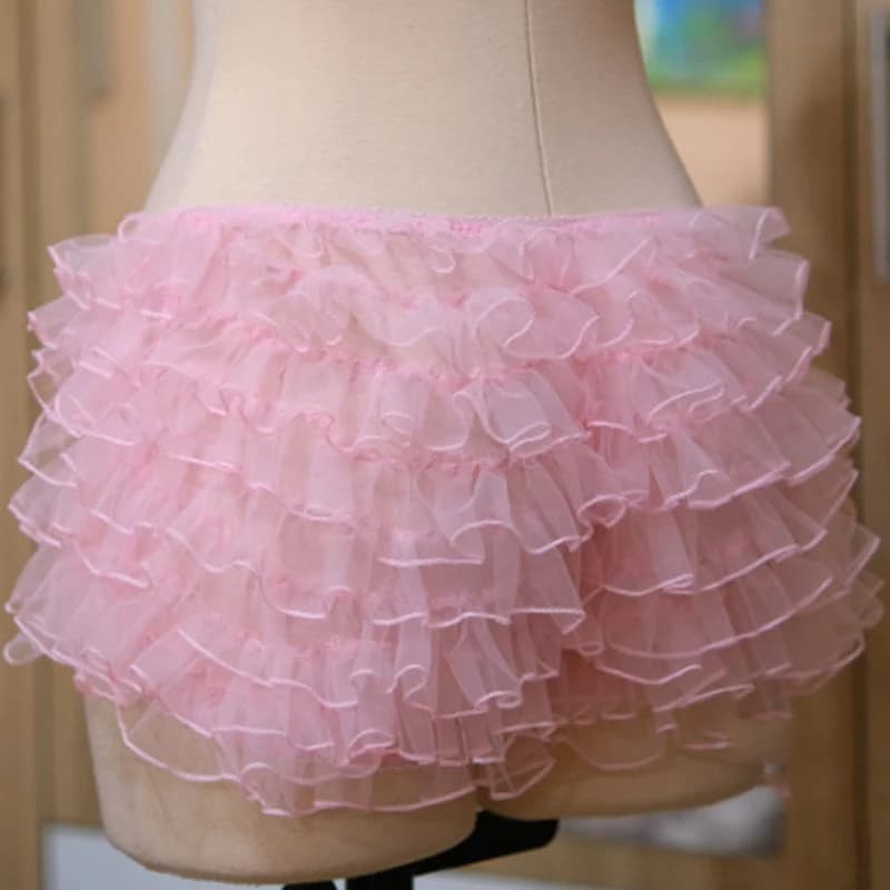 Sweet Cute Bow Low Waist Pettipants Organza Lace Ruffles Multi-layers Shorts Fairy Coquette Women Girl Y2K Vintage Bloomers Pant