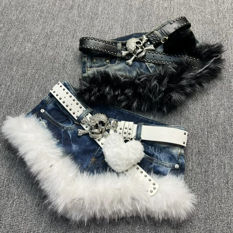 Japanese Gothic Style Denim Shorts Women Vintage Fashion Plush Patchwork Slim Short Pants Girls Casual Y2k Aesthetic Jean Shorts