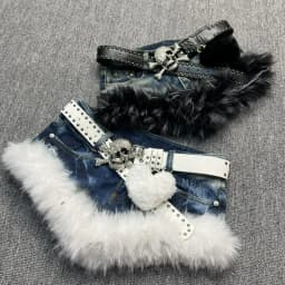 Japanese Gothic Style Denim Shorts Women Vintage Fashion Plush Patchwork Slim Short Pants Girls Casual Y2k Aesthetic Jean Shorts
