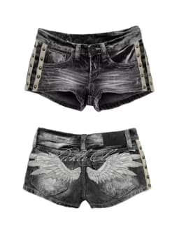Angel Wings Embroidered Back Shorts Women White Black Acid Wash Side Studs Rivets Lettering Low Rise Distressed Y2K Streetwear