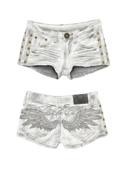 Angel Wings Embroidered Back Shorts Women White Black Acid Wash Side Studs Rivets Lettering Low Rise Distressed Y2K Streetwear