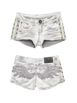 Angel Wings Embroidered Back Shorts Women White Black Acid Wash Side Studs Rivets Lettering Low Rise Distressed Y2K Streetwear