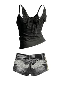 Angel Wings Embroidered Back Shorts Women White Black Acid Wash Side Studs Rivets Lettering Low Rise Distressed Y2K Streetwear