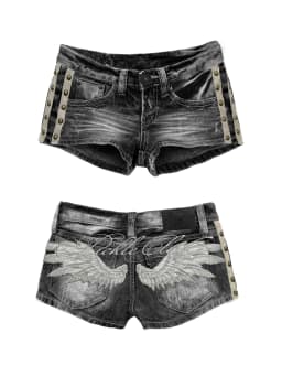 Angel Wings Embroidered Back Shorts Women White Black Acid Wash Side Studs Rivets Lettering Low Rise Distressed Y2K Streetwear