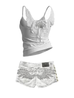 Angel Wings Embroidered Back Shorts Women White Black Acid Wash Side Studs Rivets Lettering Low Rise Distressed Y2K Streetwear