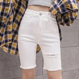 Black White Straight Stretch Denim Shorts Women Midi Jeans Summer Shorts Women Streetwear Hole Ripped High Waist Shorts C7336