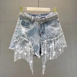 New 2026 Summer Women Heavy Beaded Rhinestone Shorts High Waist Sequin Tassel Ripped Wide Leg Hot Pants