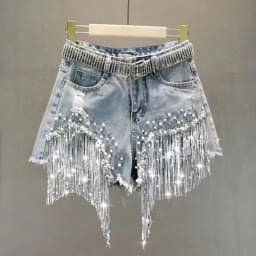 New 2026 Summer Women Heavy Beaded Rhinestone Shorts High Waist Sequin Tassel Ripped Wide Leg Hot Pants