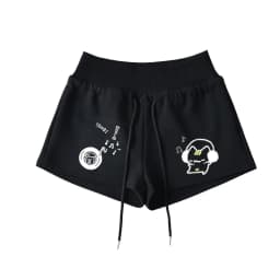 music cat print drawstring women's shorts elastic waist sports solid color shorts summer Kawaii fashion wide-leg women's clothes