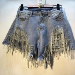 Denim Shorts Women Hole Ripped Jeans Tassels Diamonds Sexy Washed Distressed High Waist Streetwear 2025 Straight Short Pants