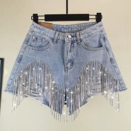 Denim Shorts Women Hole Ripped Jeans Tassels Diamonds Sexy Washed Distressed High Waist Streetwear 2025 Straight Short Pants