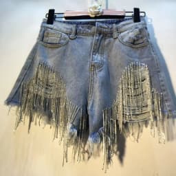 Denim Shorts Women Hole Ripped Jeans Tassels Diamonds Sexy Washed Distressed High Waist Streetwear 2025 Straight Short Pants