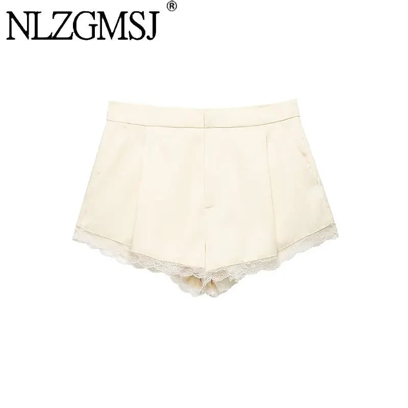 NLZGMSJ 2026 Spring Summer Lace Patchwork Chic Lady Shorts Solid Zipper Pockets Shorts Fashion Women Shorts