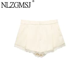 NLZGMSJ 2026 Spring Summer Lace Patchwork Chic Lady Shorts Solid Zipper Pockets Shorts Fashion Women Shorts