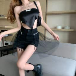 Streetwear Ripped Denim Shorts Women Y2K Mesh Patchwork Wide Leg Shorts Jeans Korean High Waist Design Casual Short Hot Pants