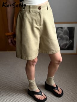 KarSaNy Beige Summer Shorts For Women Casual Loose A Linen Wide Leg Short Pants Elegant Women's Lyocell Shorts Bermuda Navy Blue