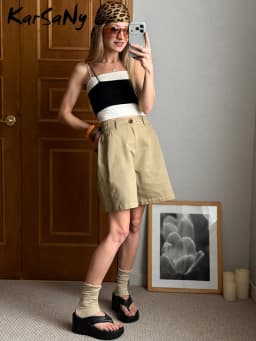 KarSaNy Beige Summer Shorts For Women Casual Loose A Linen Wide Leg Short Pants Elegant Women's Lyocell Shorts Bermuda Navy Blue