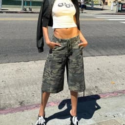 Women Retro Cargo Denim Shorts Vintage Camouflage Print Loose Drawstring Short Pants Y2k Aesthetic Cyber Grunge Streetwear