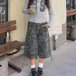 Y2K Cargo Jean Shorts Women Summer Camouflage Print Drawstring Low Rise Baggy Denim Shorts Casual Jorts Streetwear