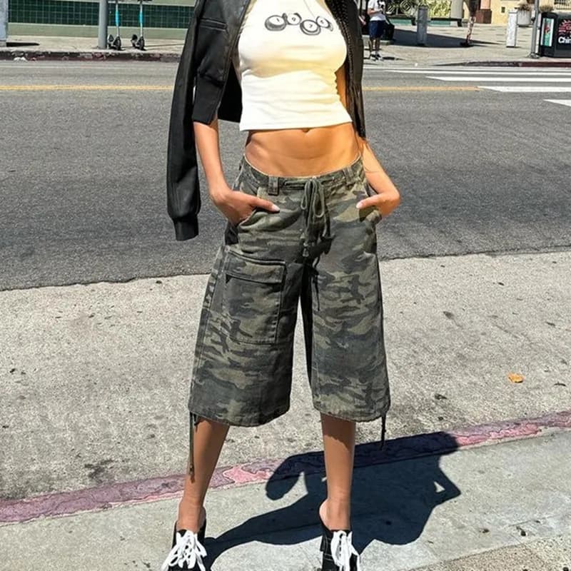 Y2K Cargo Jean Shorts Women Summer Camouflage Print Drawstring Low Rise Baggy Denim Shorts Casual Jorts Streetwear