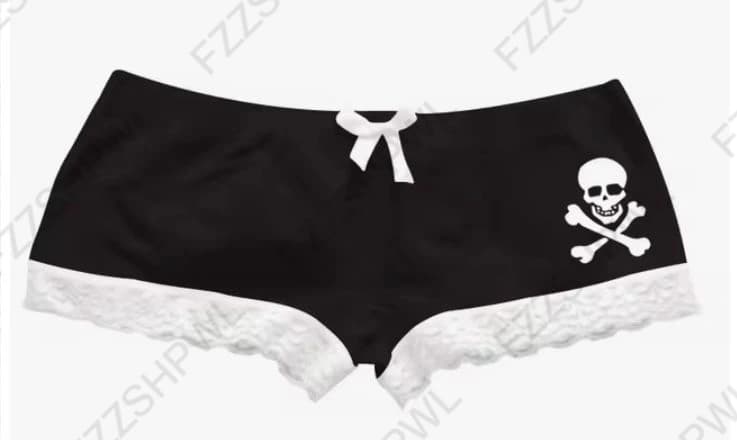 Y2K Gothic Skull Crossbones Print Boyshort Panties Women Black Lace Trim Bow Accent Underwear Gothic Sexy Sweet Cool Short Pant