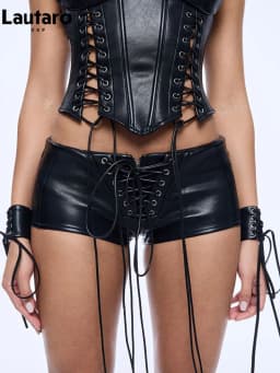 Lautaro Spring Summer Sexy Black Pu Leather Micro Mini Shorts Women Low Waist Punk Style Alt Gyaru Clothing Streetwear Buttoms