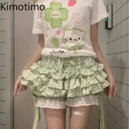 Kimotimo Green Plaid Bow Skirt Shorts Women Elastic Waist Slim Ift Short Pants Japanese Kawaii Versatile Y2k Aesthetic Clothes