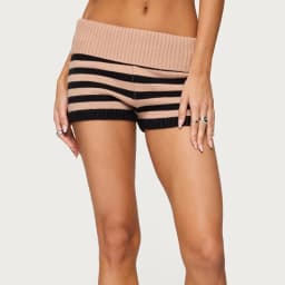 Women y2k Vintage Striped Knitted Mini Shorts Fold Over Elastic Waist Micro Shorts Crochet Loungewear Bottom Pjs Boyshorts